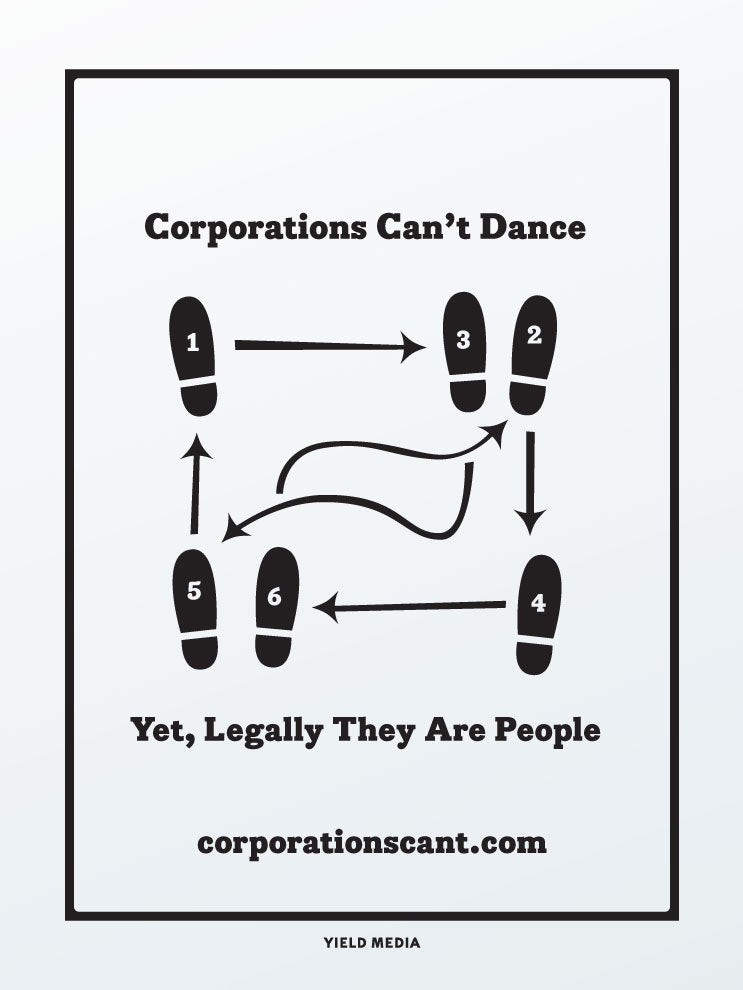 Black and white illustration with text 'Corporations Can't Dance' and footstep diagram on a light gray background.