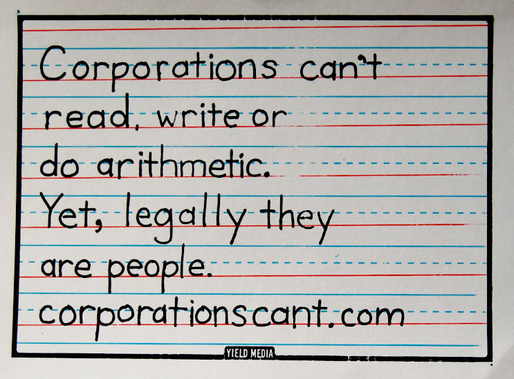 Notebook paper with text about corporations and a URL at the bottom.