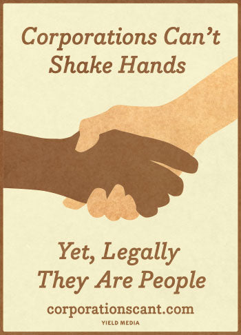 Illustration of two hands shaking with text about corporations being people.